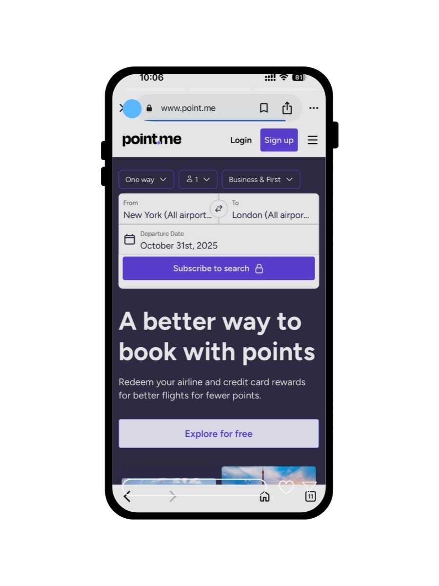 Screenshot of the Point.me website displayed on a mobile phone showing a search bar for Business and First Class award flights between New York and London, with the text “A better way to book with points.”