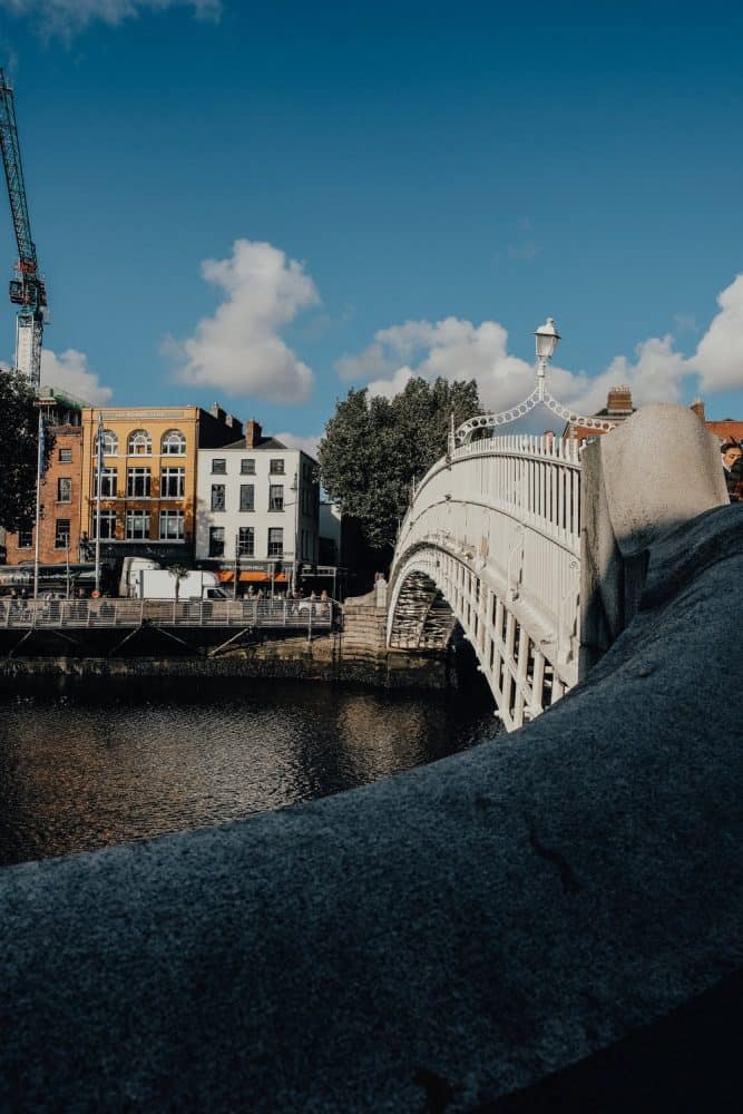 Dublin City Center, view of the bridge over the river on a solo trip to Dublin