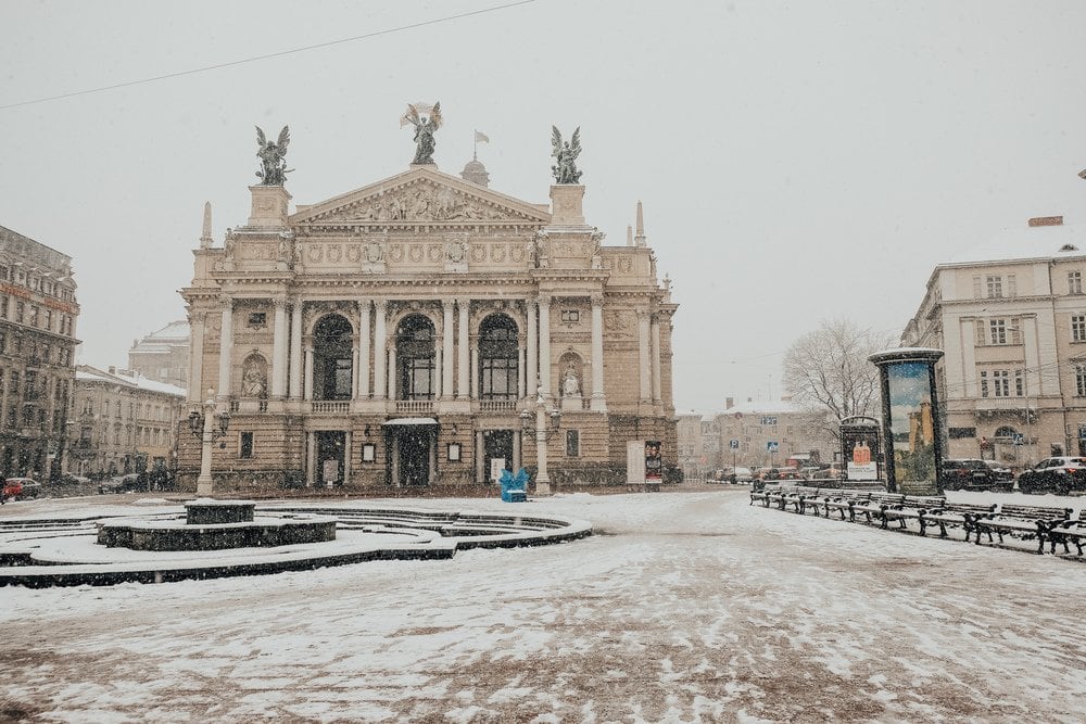 Lviv Opera House on a snowy day