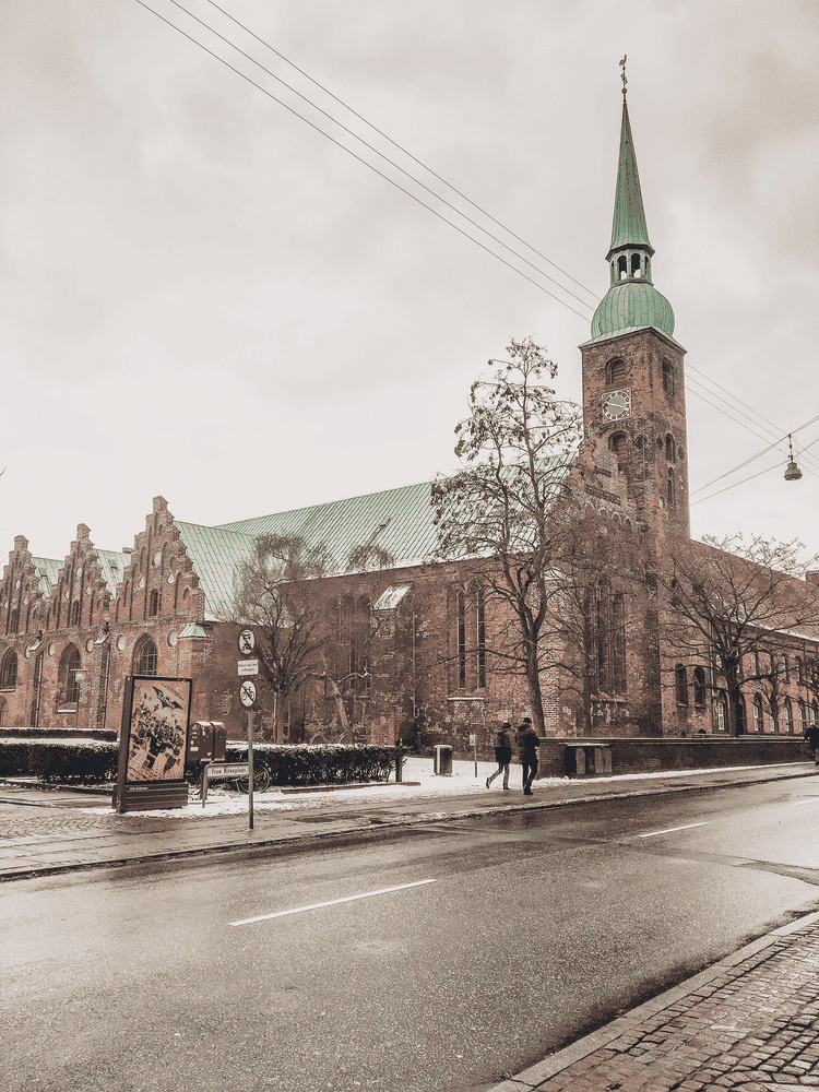 Aarhus Cathedral on a snowy day.