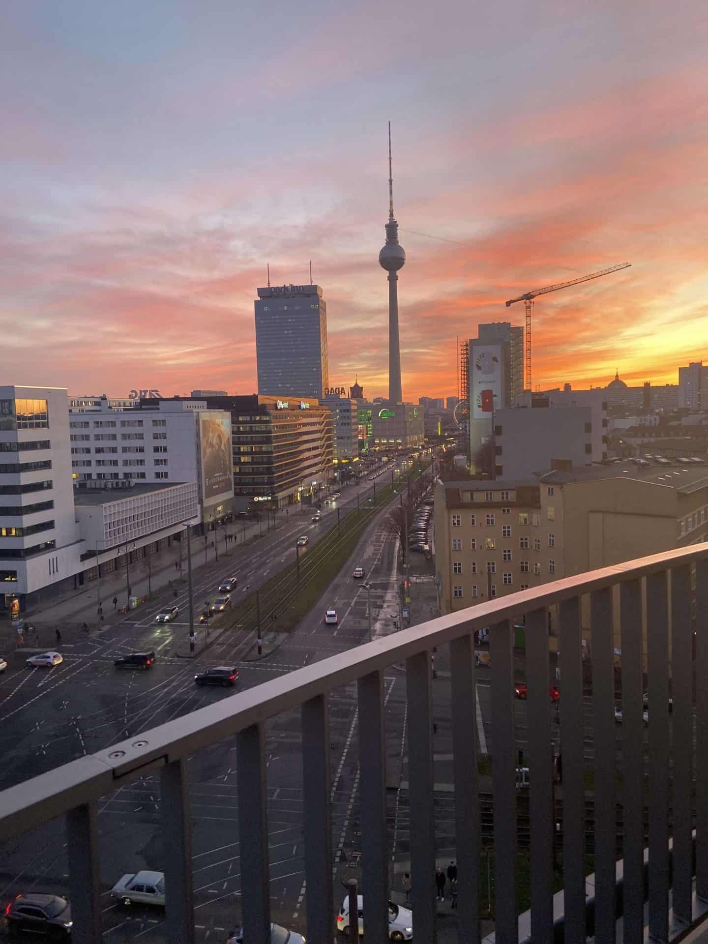German Freelance Visa Application Berlin. View of the Berlin TV tower at sunset.