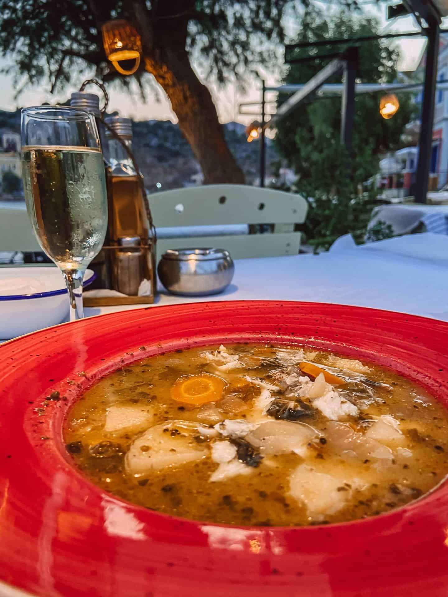 Soup and wine at a vegetarian restaurant in Greece.