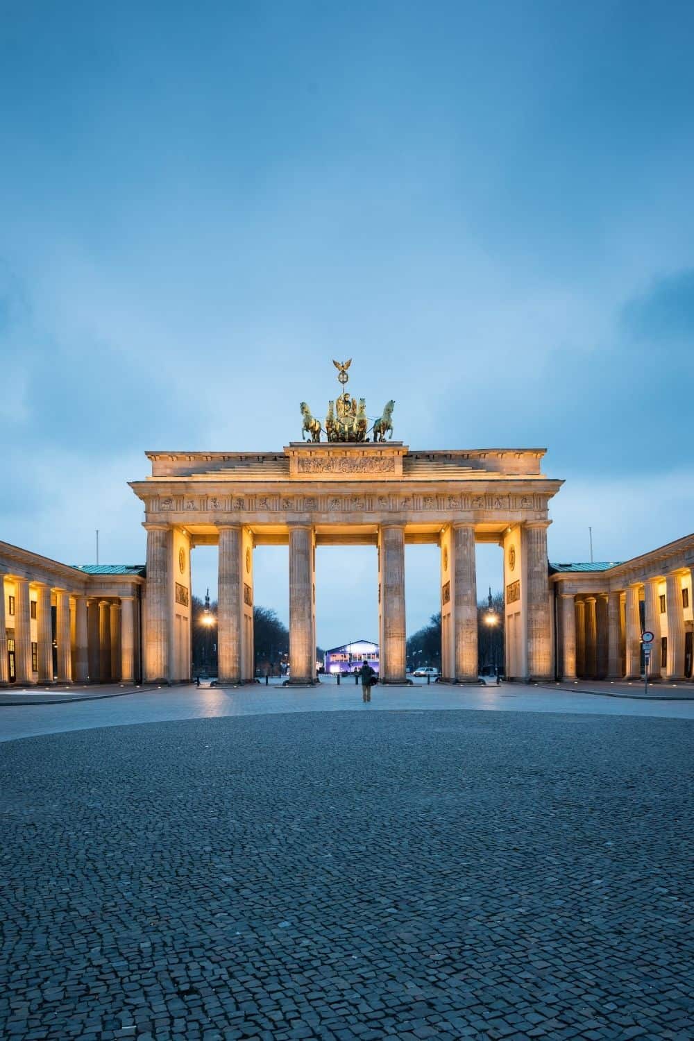 How to Stop Voluntarily Payments to Social Security in Germany. View of the Brandenburg Gate at dusk.