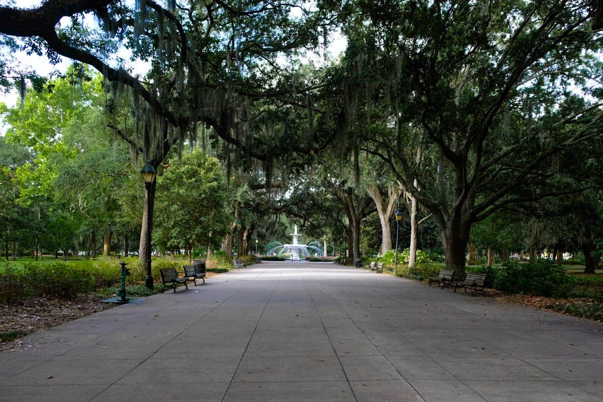 My view of a classic fountain and Spanish moss in a park on my solo trip to Savannah, GA.
