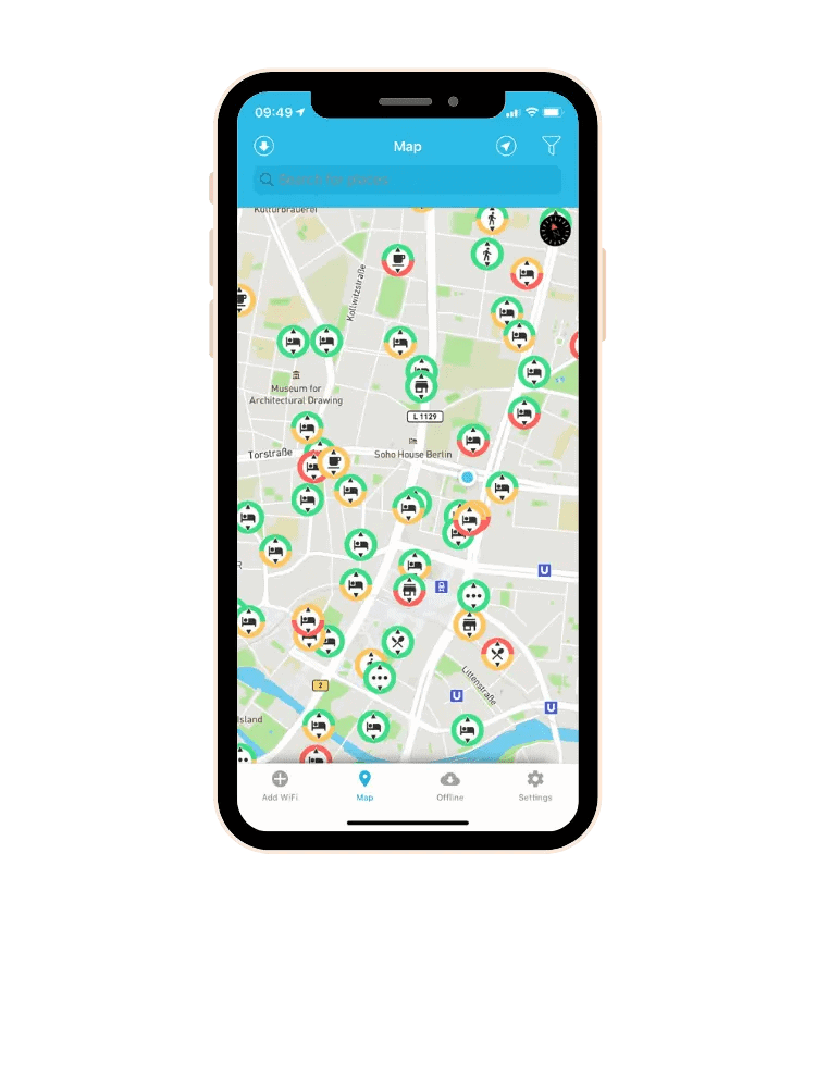 Smartphone displaying a map filled with colorful icons representing different amenities and attractions, including parks, restaurants, and cultural sites.