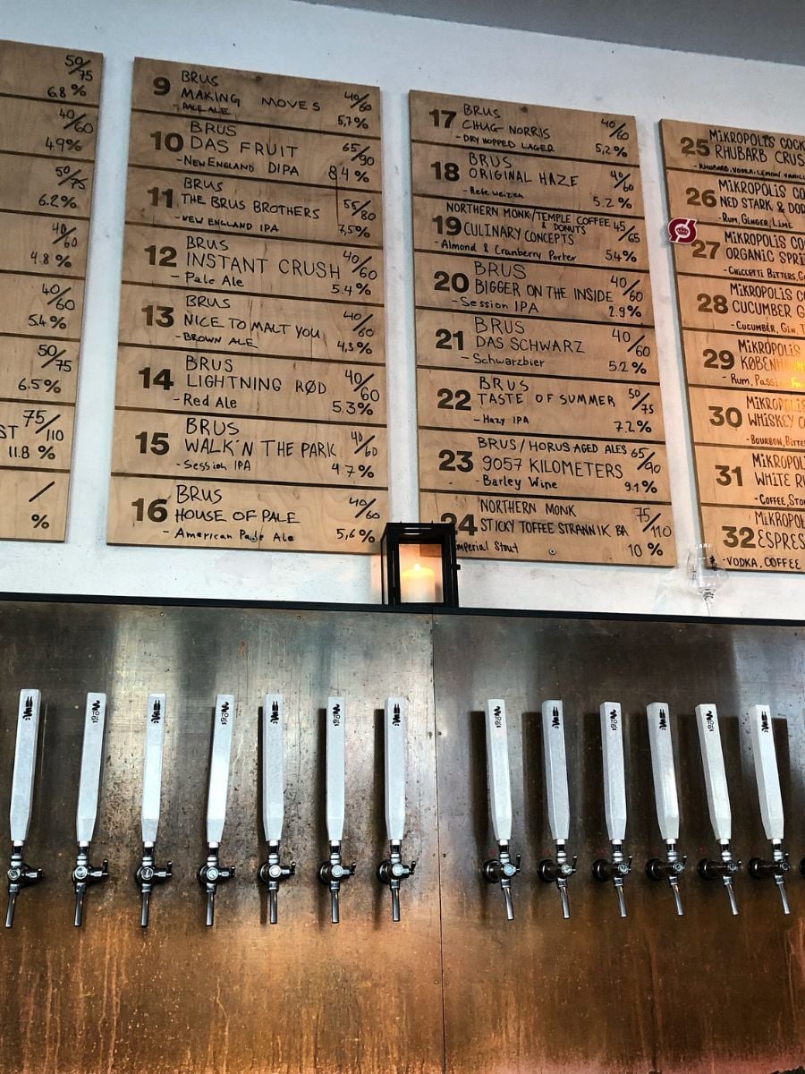 Craft beer tap list at BRUS brewery and bar in Copenhagen.