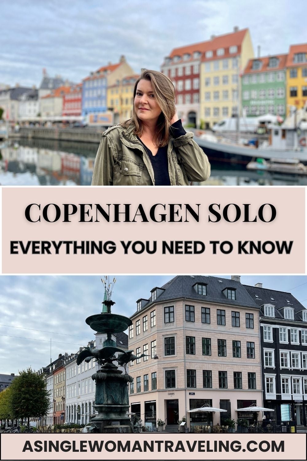 Solo female traveler in front of colorful Nyhavn buildings in Copenhagen, featured on a Copenhagen solo travel guide cover.