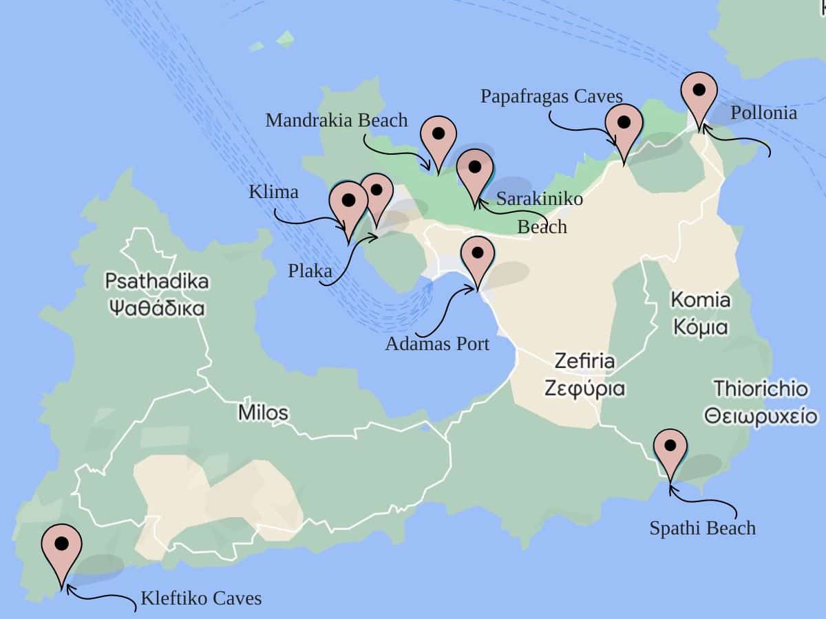 Map of what to do in Milos