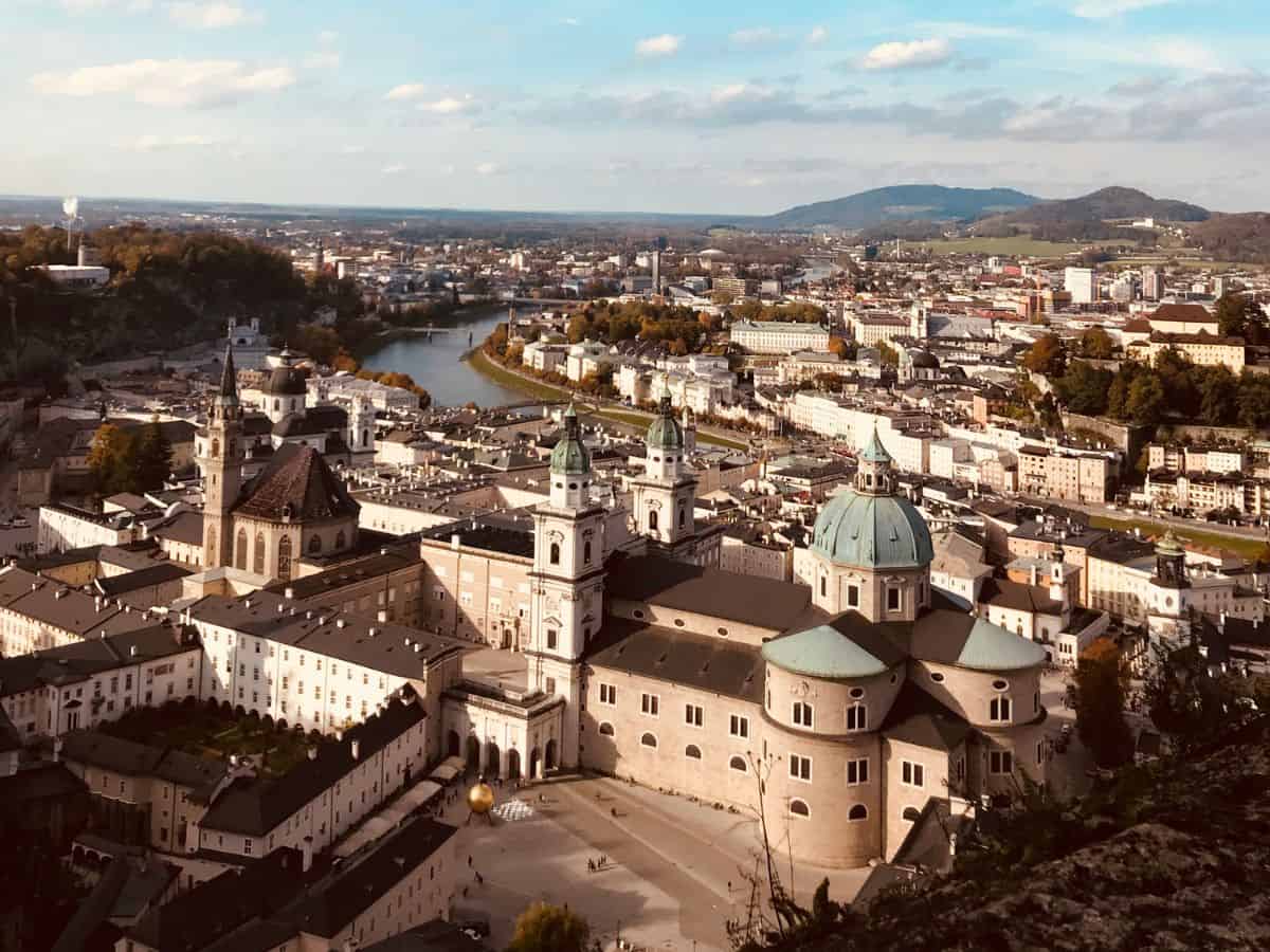 A view of Salzburg from above. The buildings and river are all visable.