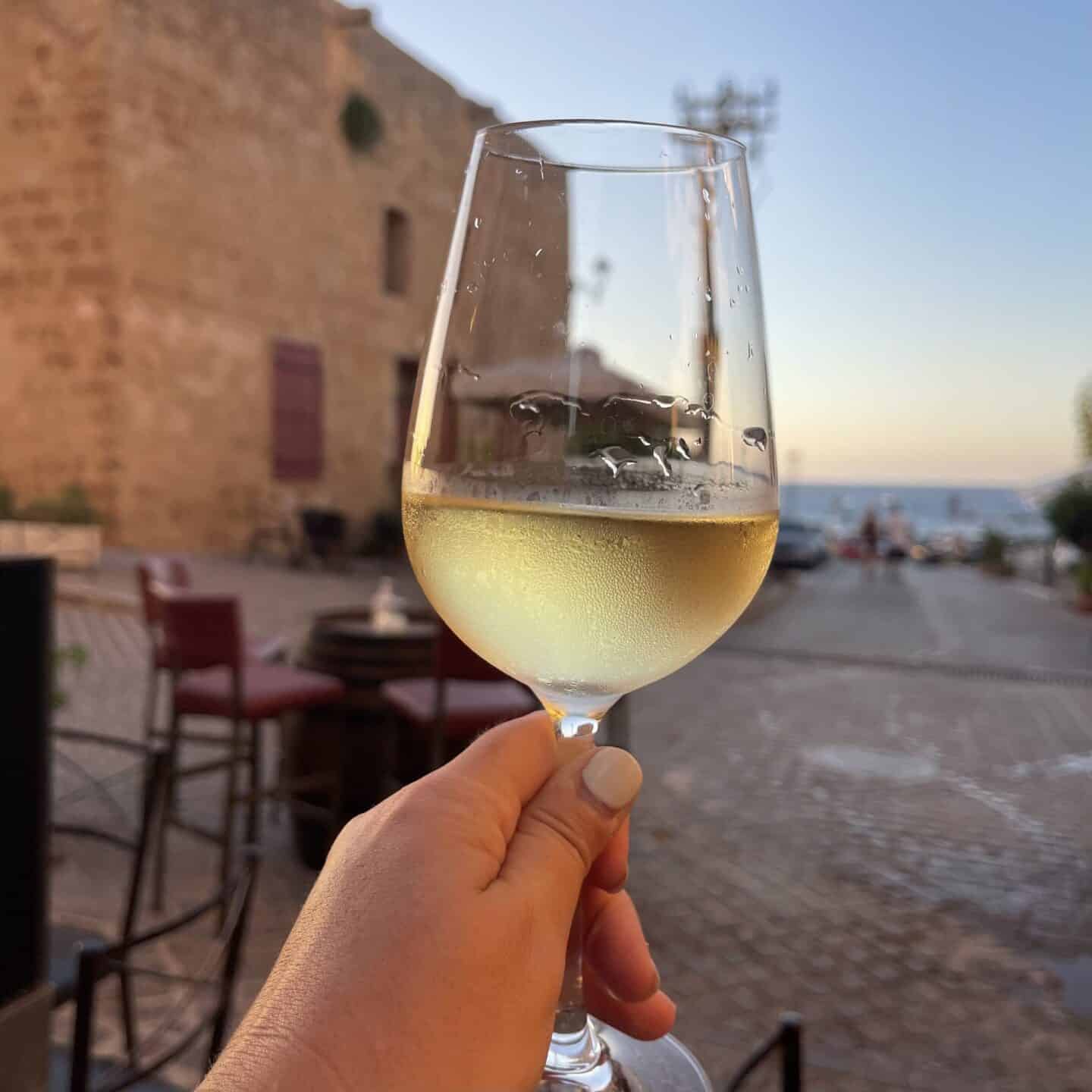 A woman holding up a glass of wine in Rhodes Greece