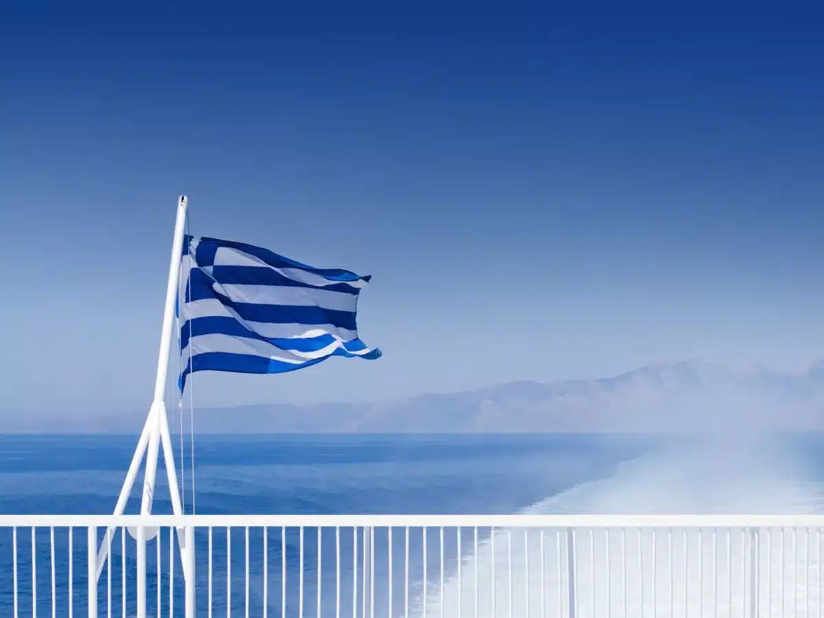 The Greek Flag on the back of the Ferry Boat to Milos