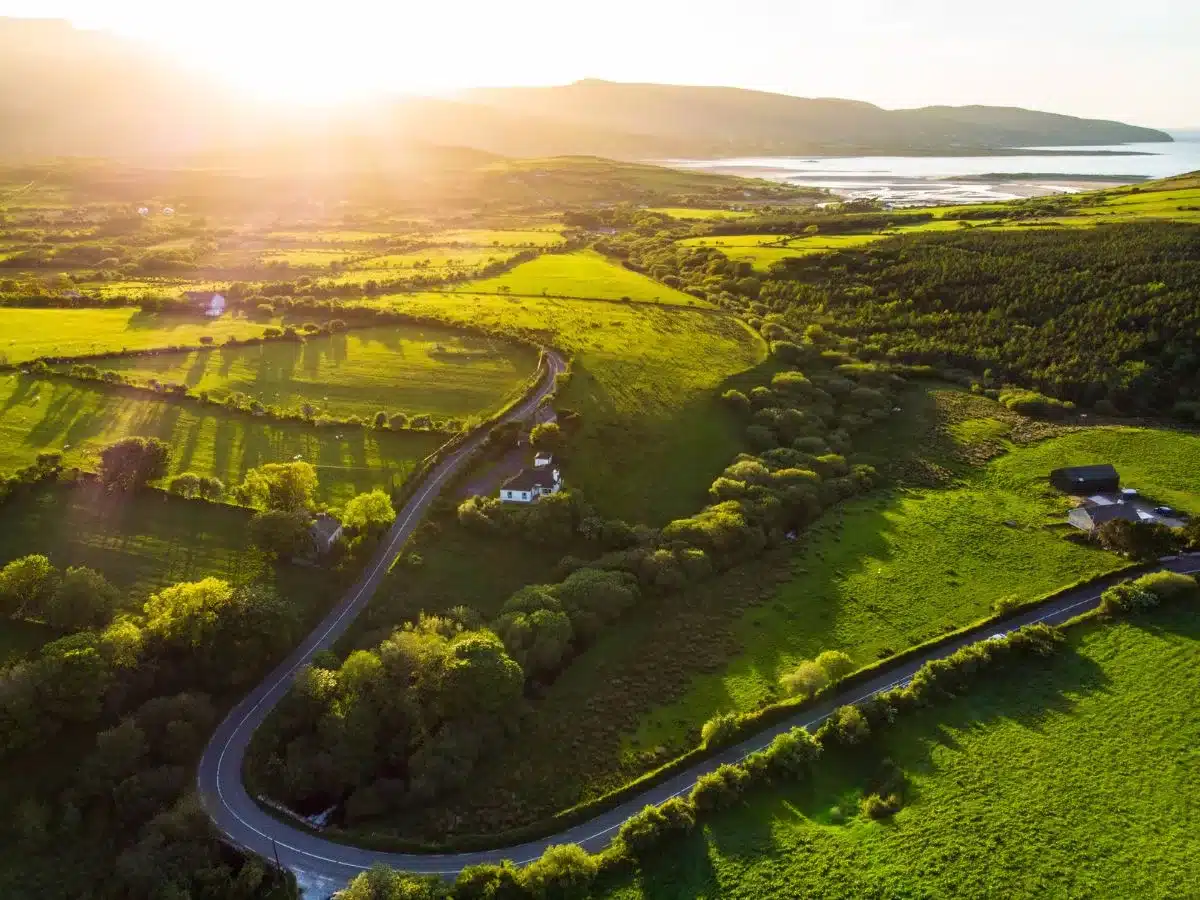 Aerial view of a winding road cutting through the vibrant green countryside of Northern Ireland at sunset, with the golden sunlight casting a warm glow over the landscape, ideal for a scenic drive after renting a car.