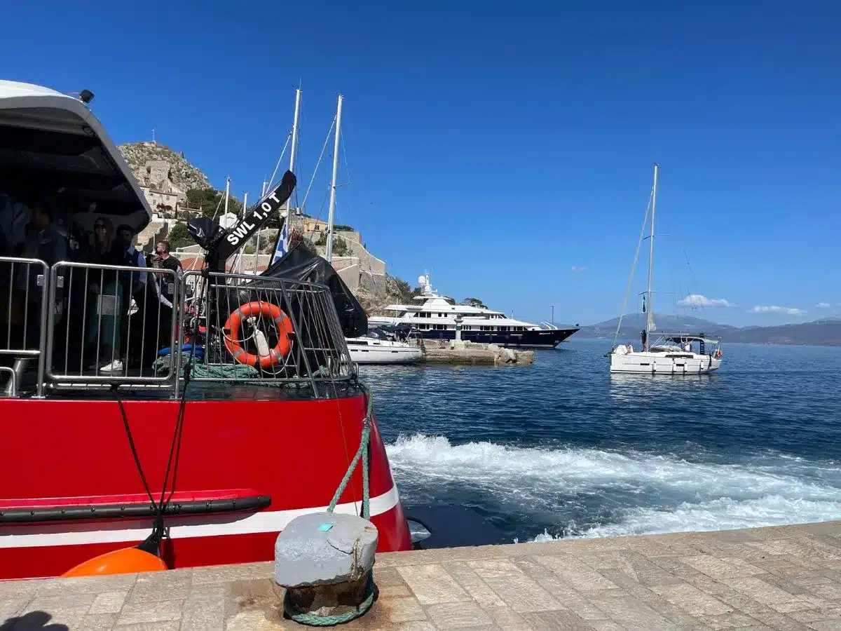 The ferry at the port at the island of Hydra. 