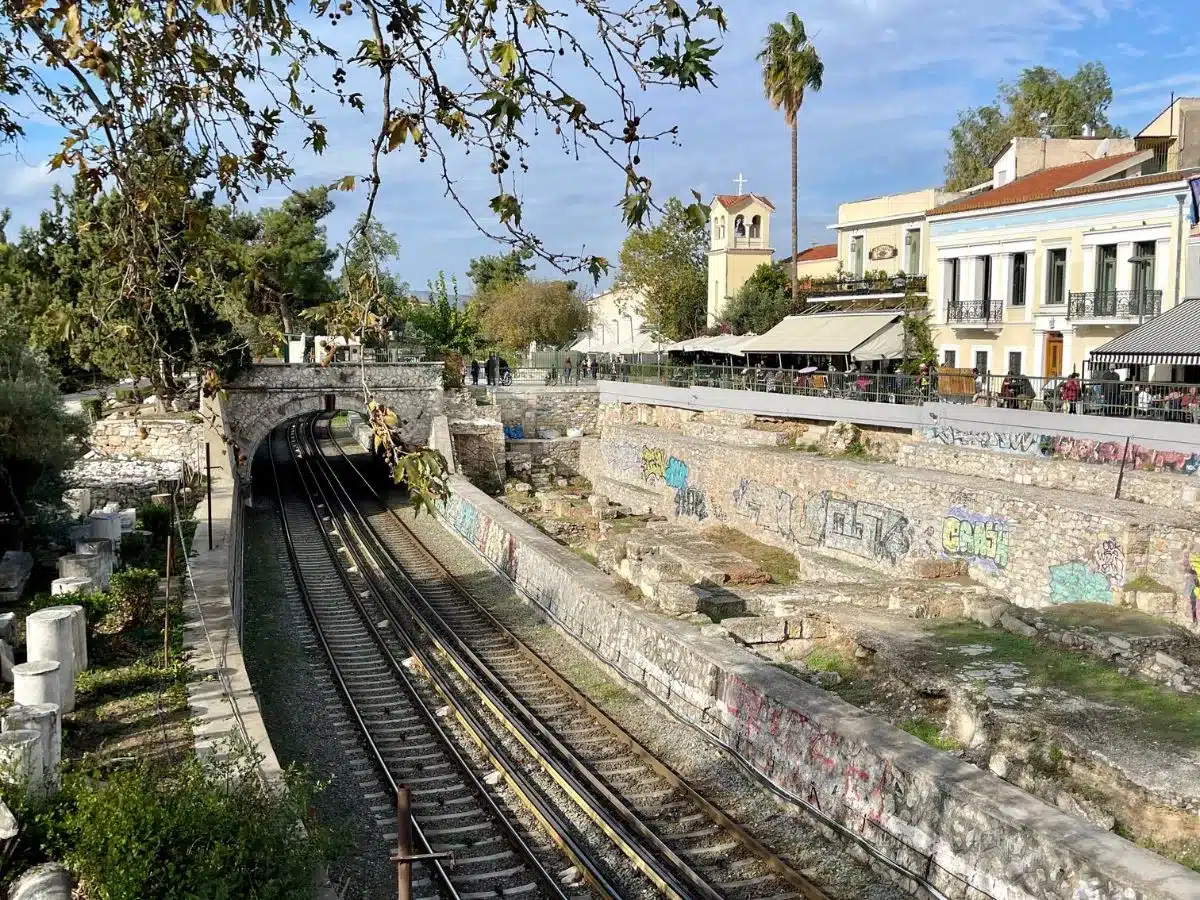 Train tracks going through the city center of Athens