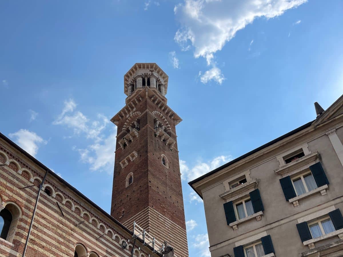 The Lamberti Tower in Verona made of red brick
