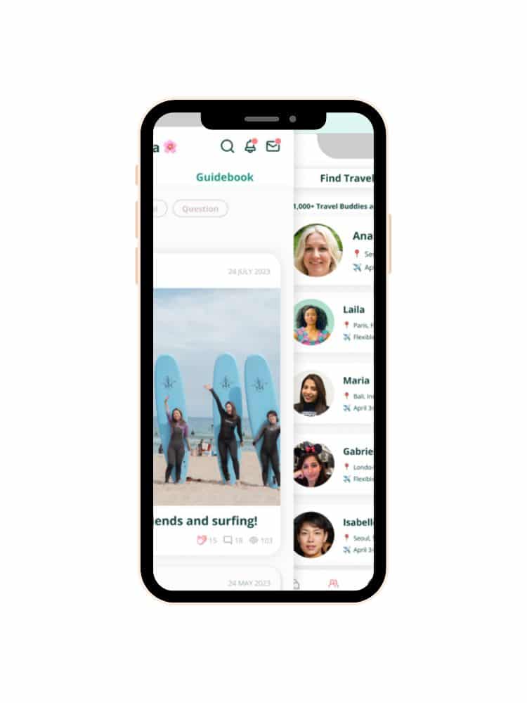 Smartphone screen showing a travel social networking app with profiles of travelers and a post about friends surfing, encouraging user engagement.