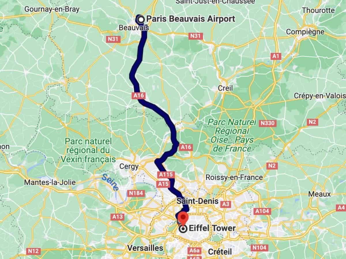A route map from Paris Beauvais Airport to the Eiffel Tower, showing the journey a solo traveler might take for a weekend in Paris.