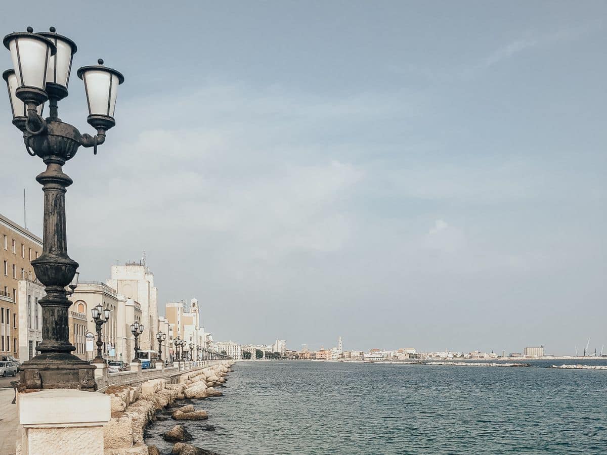The ocean front in Bari with street lights lining the road