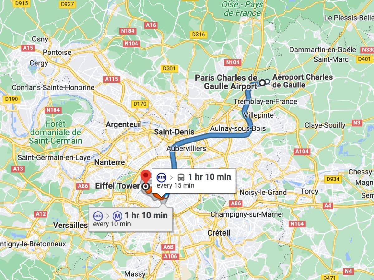 A map showing a route from Paris Charles de Gaulle Airport to the Eiffel Tower, indicative of a traveler planning their weekend in Paris.