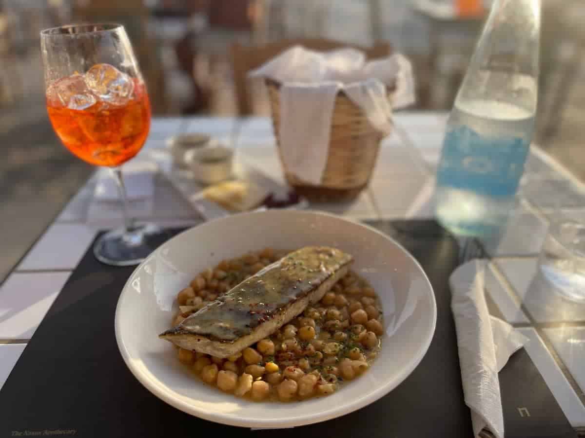 close up of classic bean dish with smoked fish on the island of Naxos. 