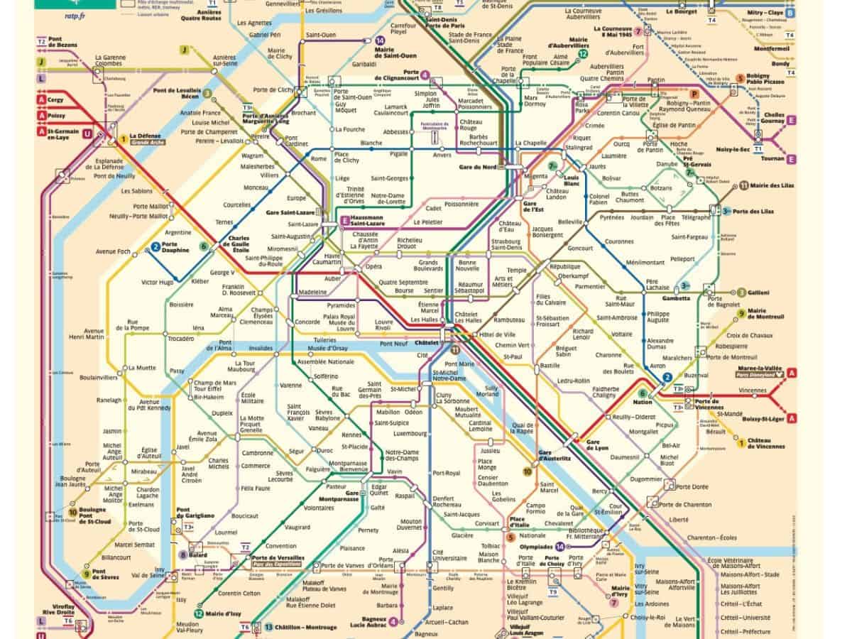 A detailed Paris Metro map with multiple lines intersecting, which could be used by someone on a solo trip to navigate the city over a weekend.