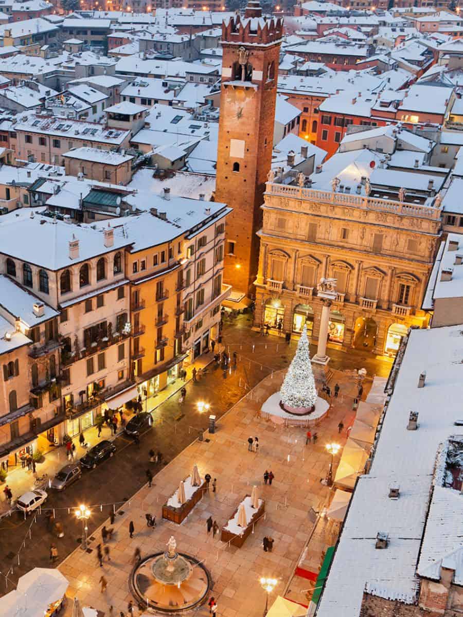 Christmas in Verona. The city from above covered in snow and Christmas decorations