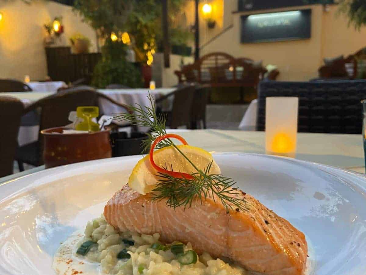 Salmon on a plate in a nice restaurant in Rhodes