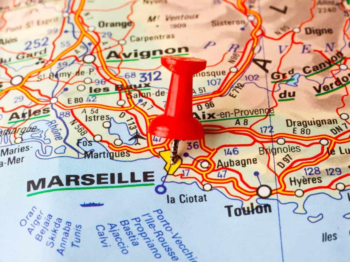 a picture of Marseille France on a map with a pin.