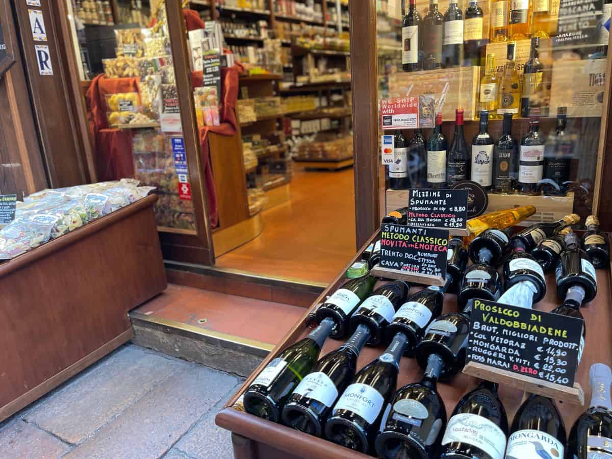 Wine outside of a store in Bologna