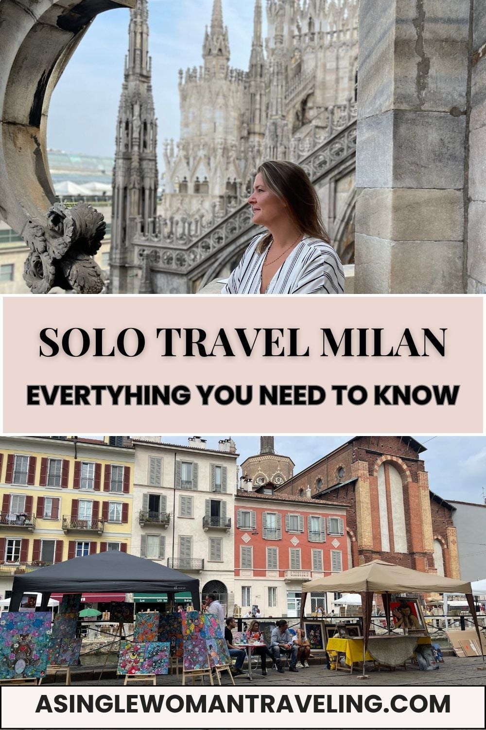 Solo female traveler overlooking the rooftop details of the Duomo di Milano with Milan city views, representing a complete guide to solo travel in Milan for women.