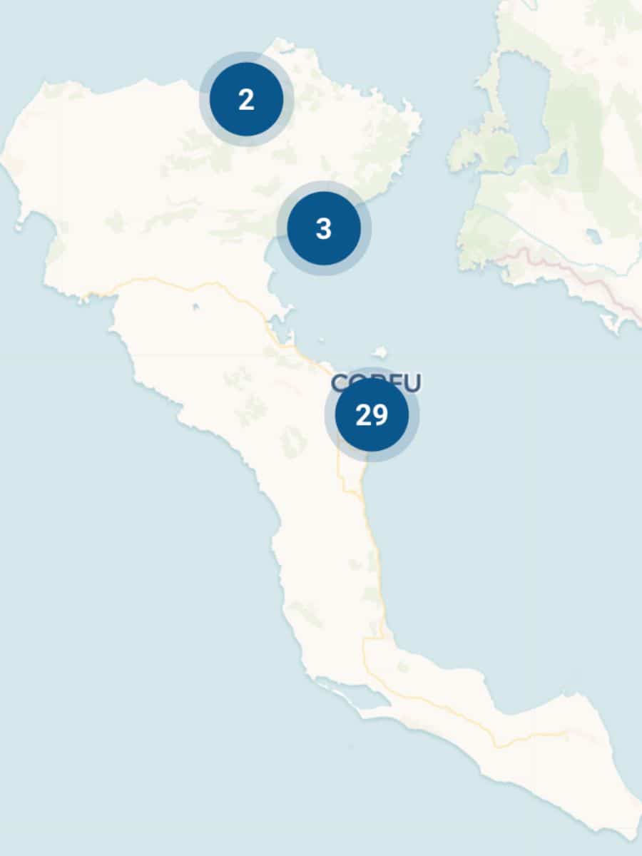 Map of Corfu and locations pinned to rent a car in Corfu