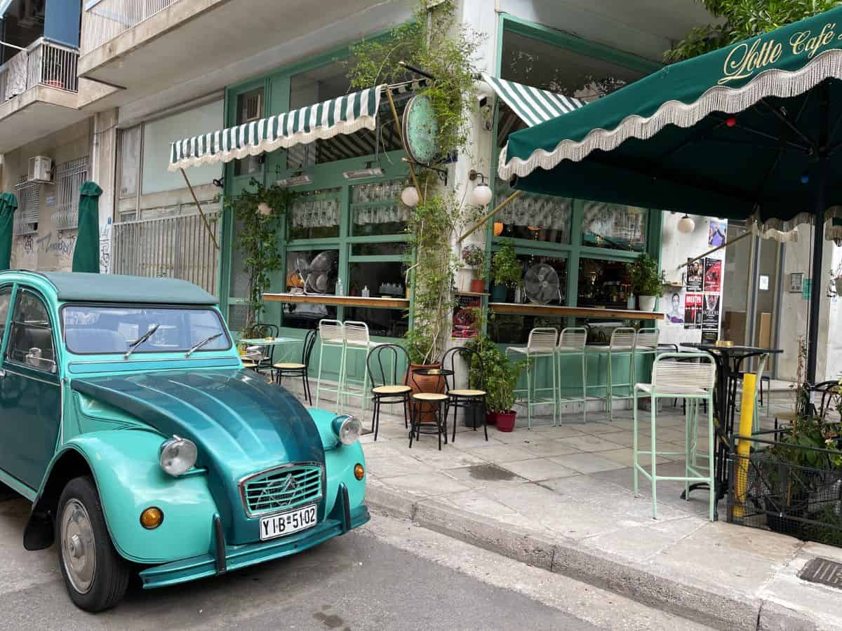 The outside of of a coffee shop in Koukaki, Athens