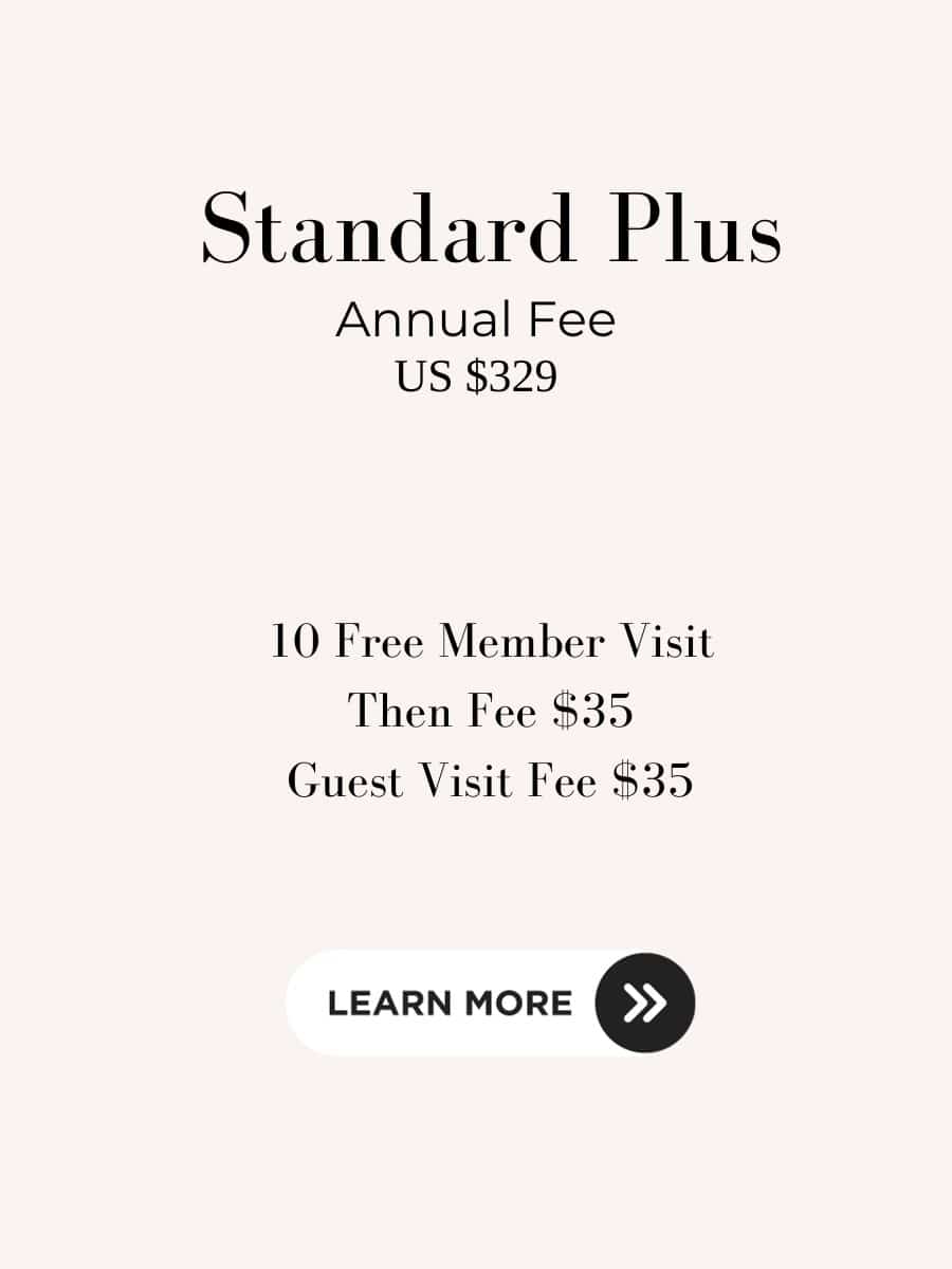 Image showcasing the Priority Pass Standard Plus plan details, including an annual fee of US $329, 10 free member visits, subsequent visits at $35 each, and a guest visit fee of $35, all presented on a minimalist background with a 'Learn More' button, emphasizing the plan's benefits for frequent travelers.