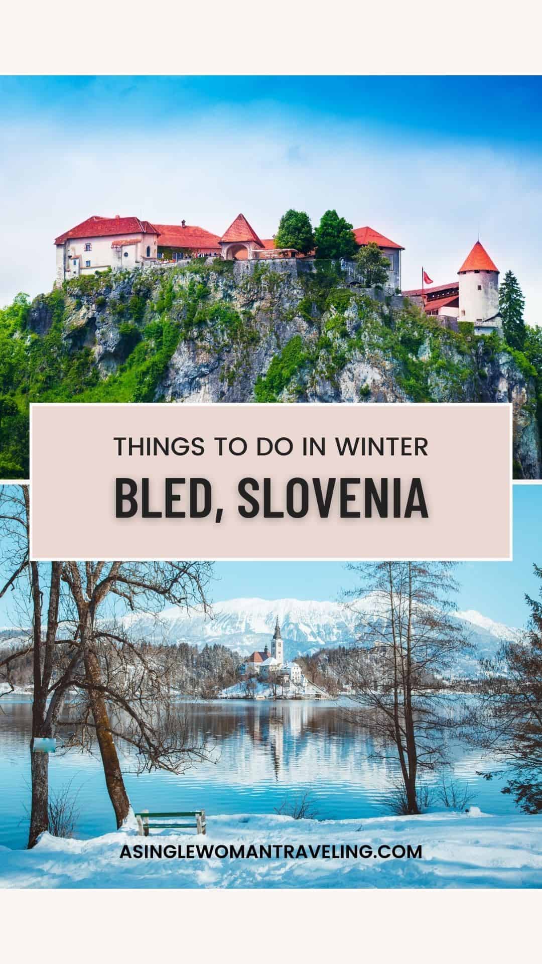 A Pinterest Image with A serene winter scene at Lake Bled with the iconic church on an island, reflecting on the still water against a backdrop of snow-covered mountains and clear blue skies.