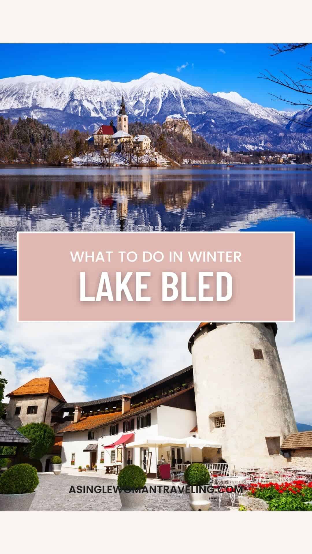The picturesque winter landscape of Lake Bled, featuring the church on the island and Bled Castle perched atop a rocky cliff, all under a bright blue sky