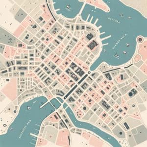 "Illustrative map highlighting potential day trips from Faro, featuring a stylized layout with labeled streets, water bodies, and landmarks in a muted color palette, ideal for travelers planning their itinerary.