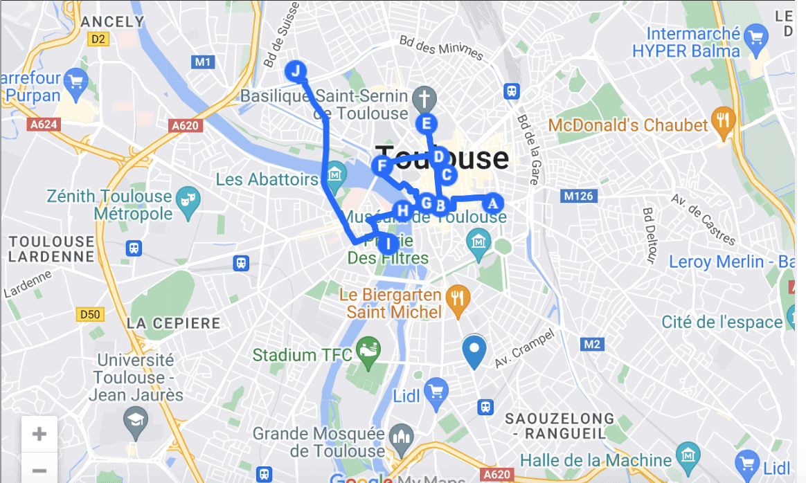 Map of the bike tour for Toulouse