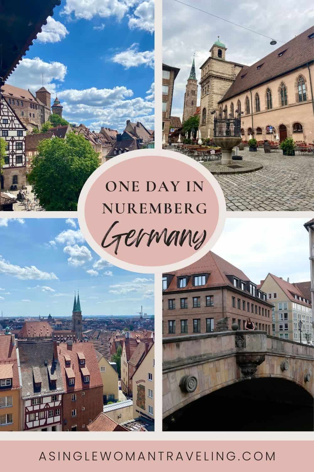 A visually appealing travel collage for 'ONE DAY IN NUREMBERG Germany', featuring a selection of images that showcase the city's historic architecture. Views include the towering Nuremberg Castle, a peaceful square with St. Sebaldus Church, the cityscape from above with its distinctive rooftops, and the classic stone bridge over the river.  a personal travel story or guide.