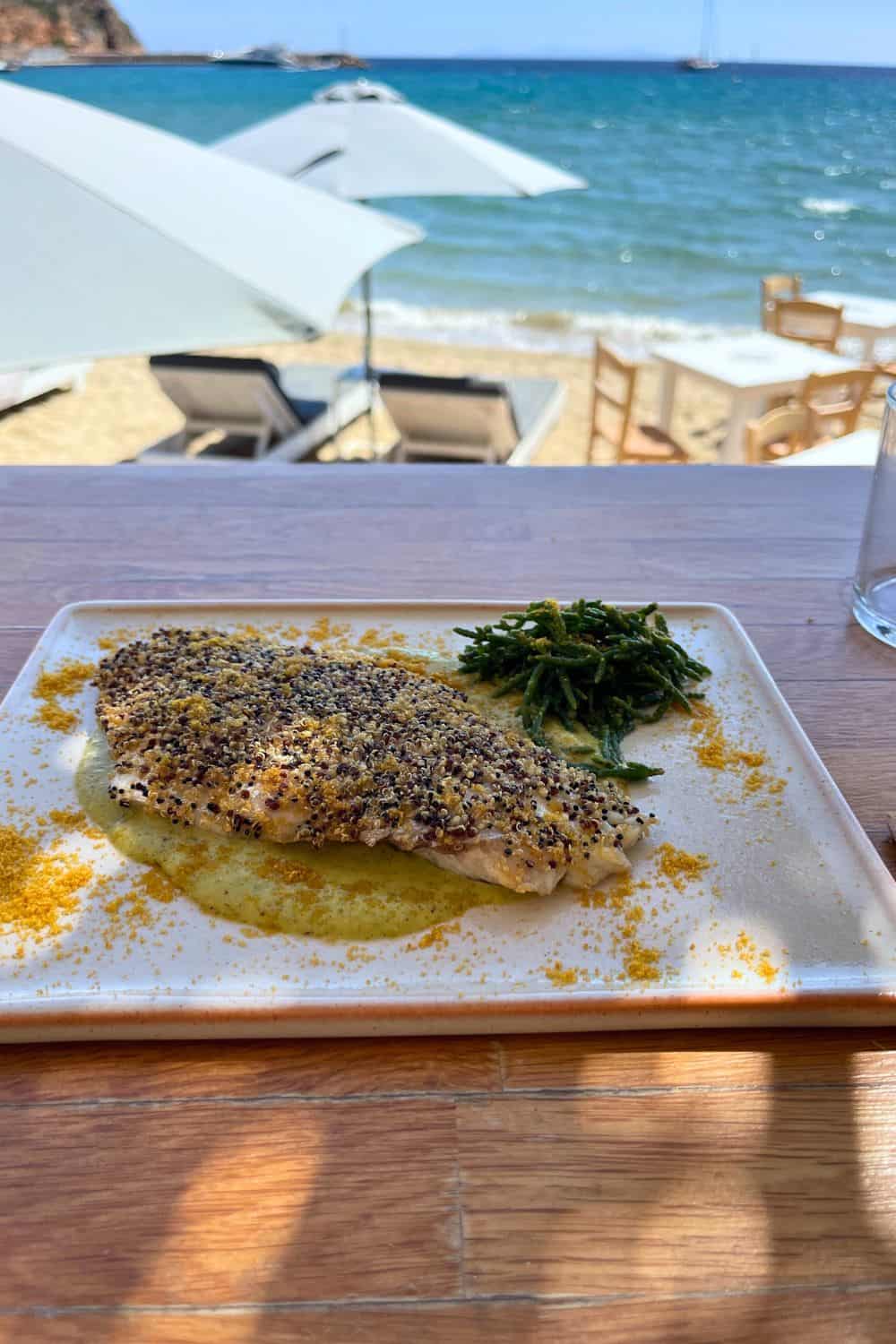 A plate featuring a filet of fish encrusted with herbs, accompanied by a side of greens, served on a wooden table with a seaside view under the shade of white umbrellas.