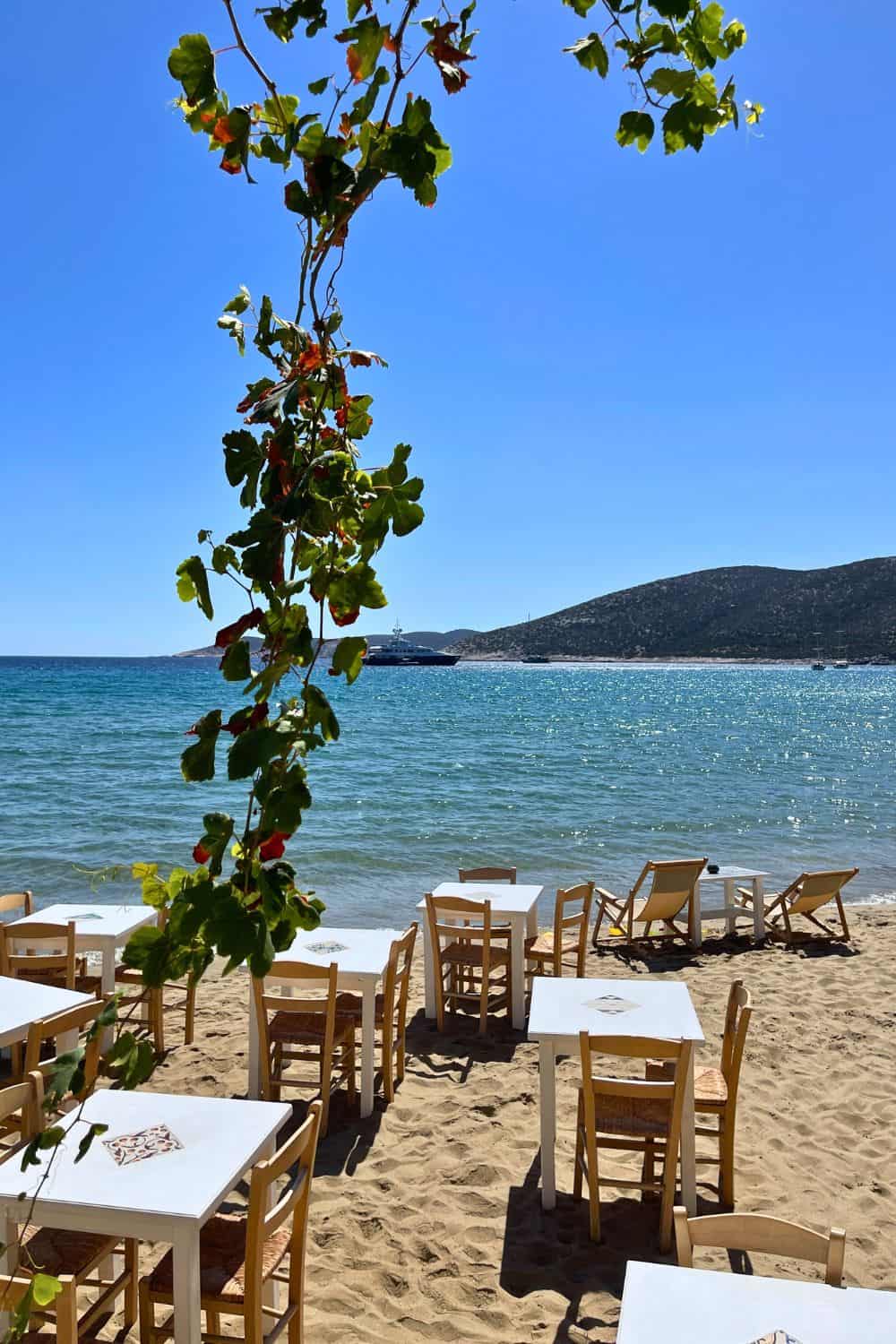 A serene beach dining scene with wooden tables and chairs set up on sandy shores, under the gentle shade of grapevine leaves, with a clear view of the sparkling blue sea and a yacht in the distance, inviting a relaxed, coastal dining experience.