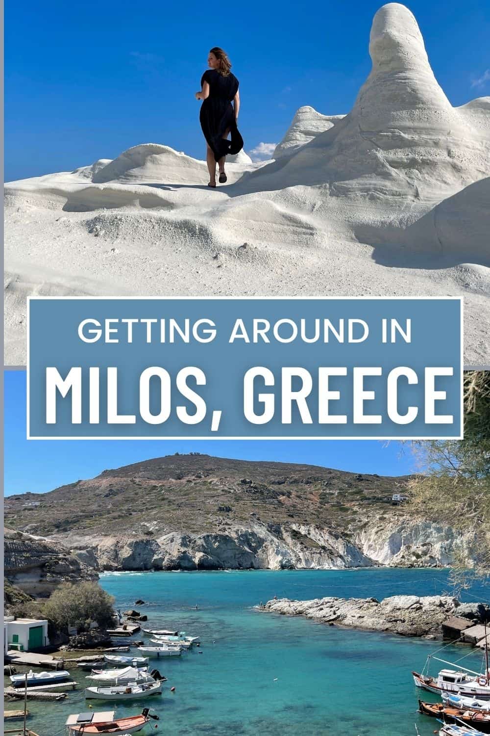 Woman standing on the unique white rock formations in Milos with the title 'Getting Around in Milos, Greece'