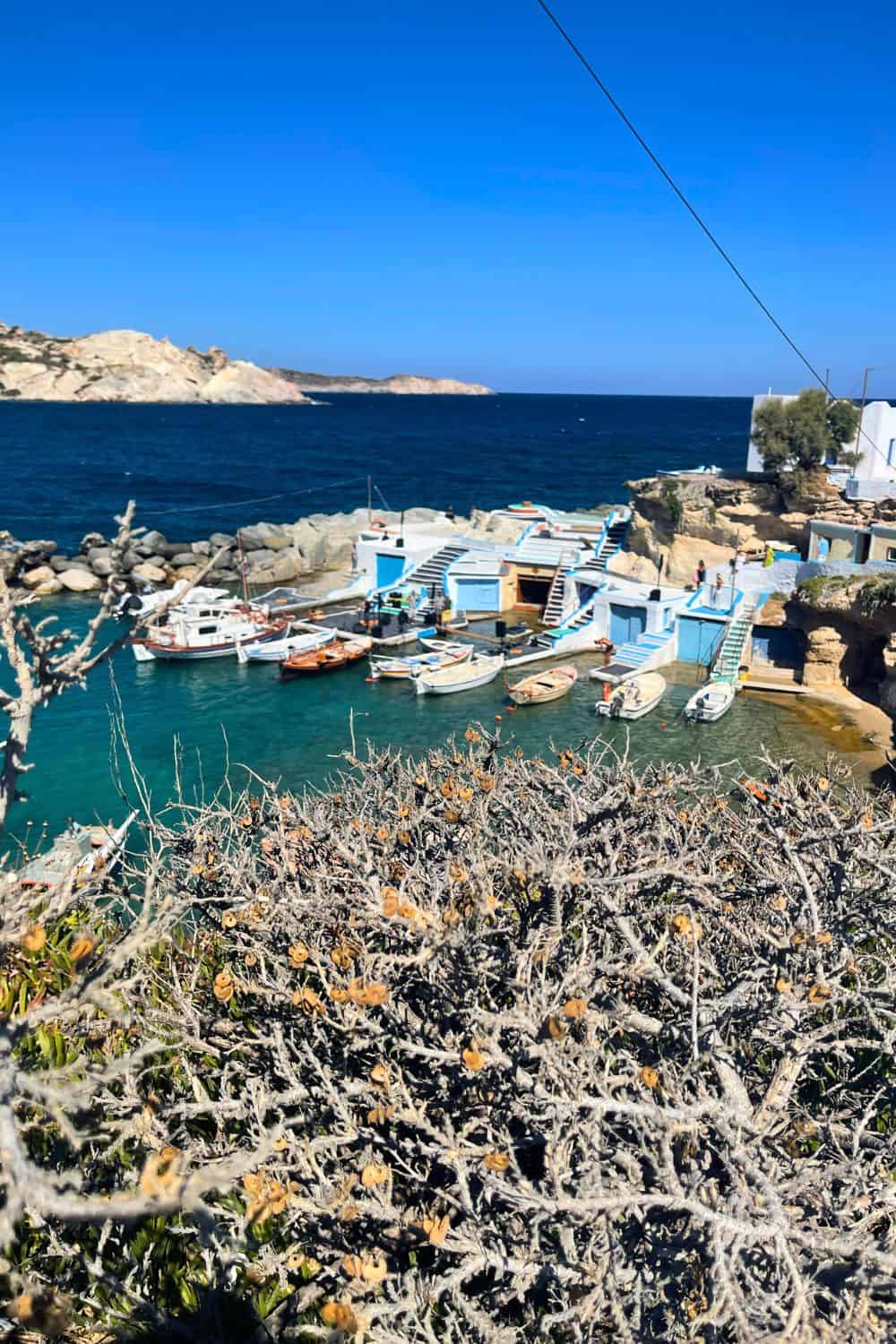 An elevated view of a picturesque Milos harbor with crystal-clear waters and moored boats, framed by dry coastal vegetation.