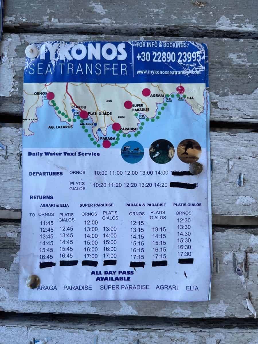 Picture of the water taxi schedule in Mykonos