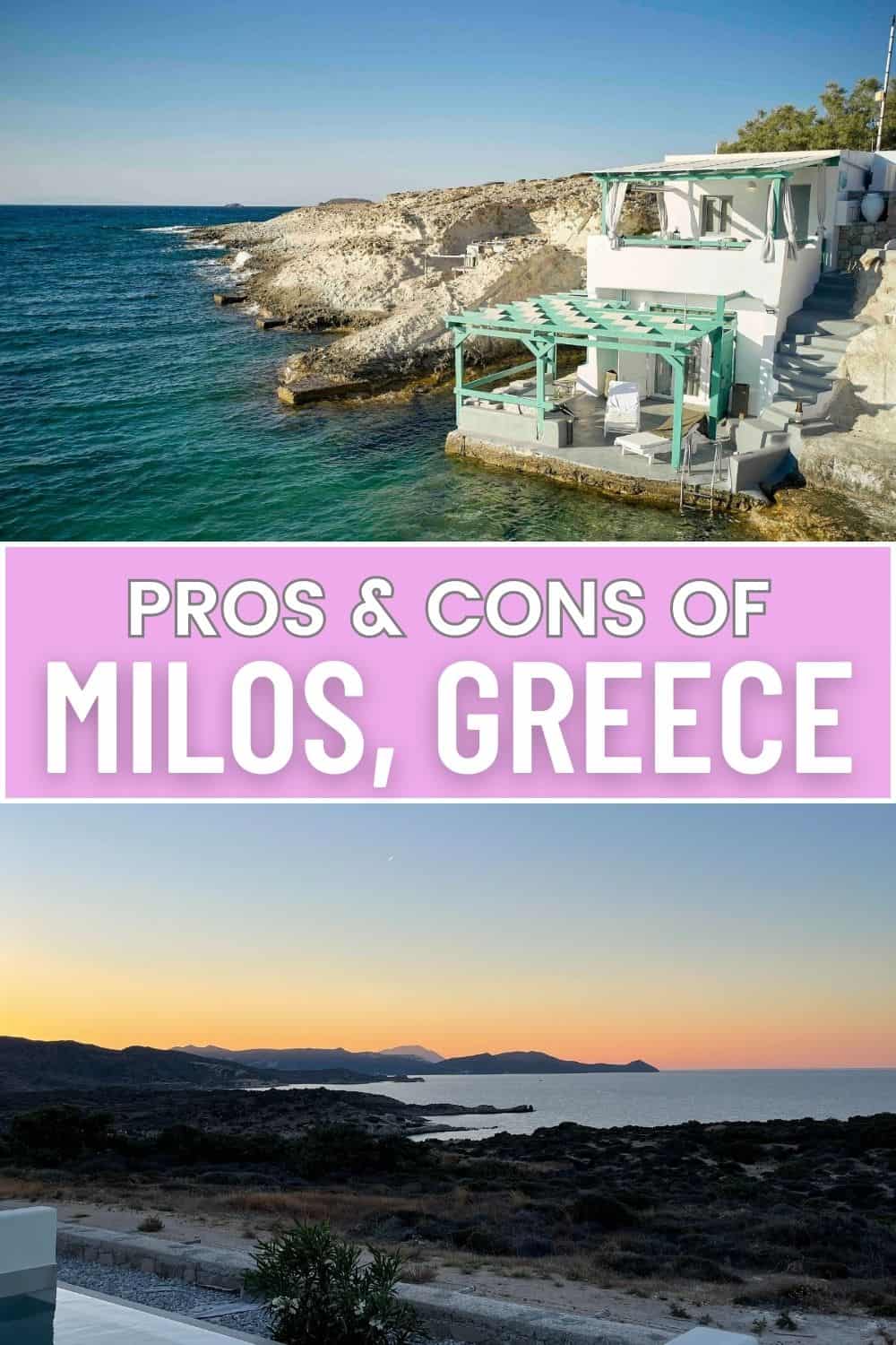 his image is also a promotional piece for a travel blog concerning the merits of visiting Milos, Greece. It depicts a tranquil coastal scene during sunset or sunrise with the sea stretching into the horizon, bordered by rocky terrain. A small, cozy, and inviting seaside establishment is visible, suggesting an intimate and picturesque setting for dining or accommodation. 