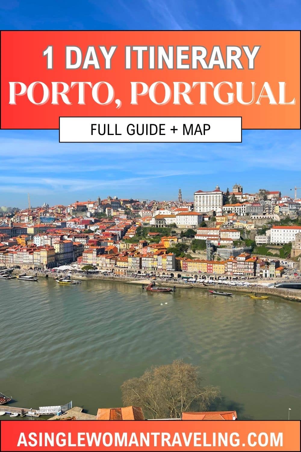 Guide for a 24 Hours Itinerary in Porto, Portugal, with a backdrop of the cityscape and the iconic Dom Luís I Bridge, as a woman gazes out over the river.