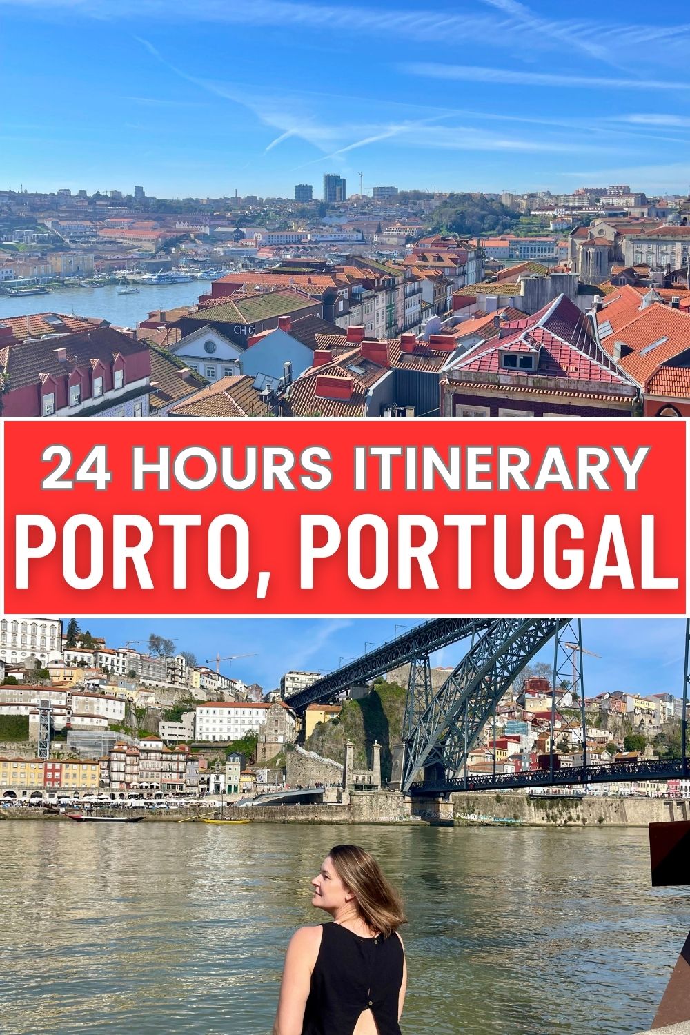 Promotional banner for a 1 Day Itinerary in Porto, Portugal, featuring a view of the city's terracotta rooftops and the Douro River.