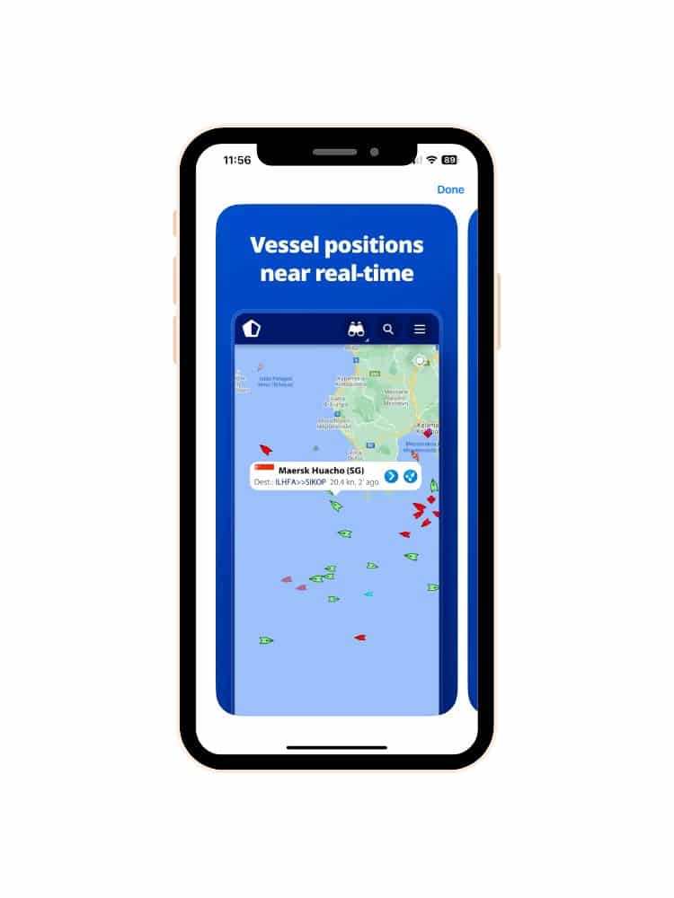 Mobile phone screen showing the Marine Traffic app interface with a map tracking vessel positions in near real-time, highlighting a selected ship named 'Maersk Huacho.