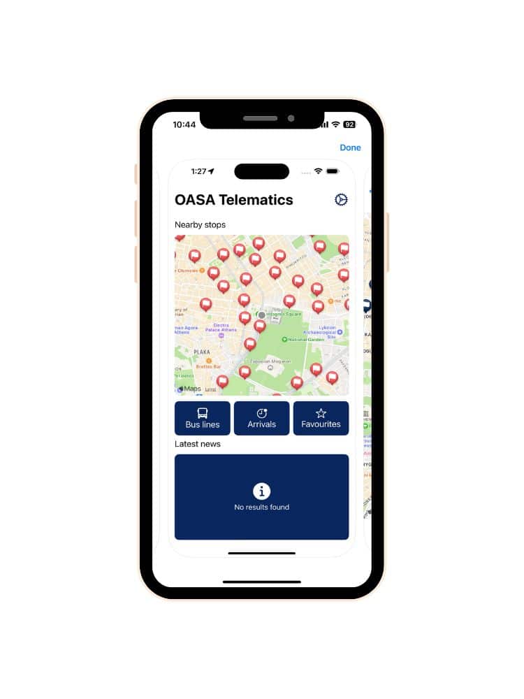 Screenshot of OASA Telematics app on a phone, showcasing a map with various bus stops indicated by red pins and tabs for bus lines, arrivals, and favorites.