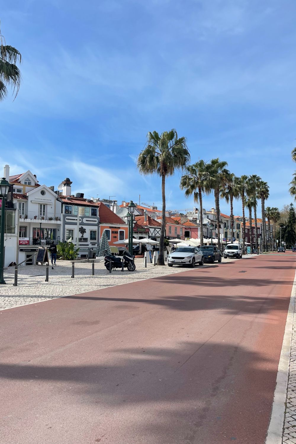 A charming street in Cascais lined with palm trees and traditional Portuguese architecture. The clear sky and leisurely parked cars complement the relaxed atmosphere, capturing the essence of a laid-back, sunny day in this coastal town.