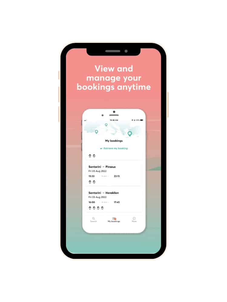 Smartphone displaying a booking app interface with the text 'View and manage your bookings anytime' and a list of bookings from Santorini to Piraeus and Santorini to Heraklion.